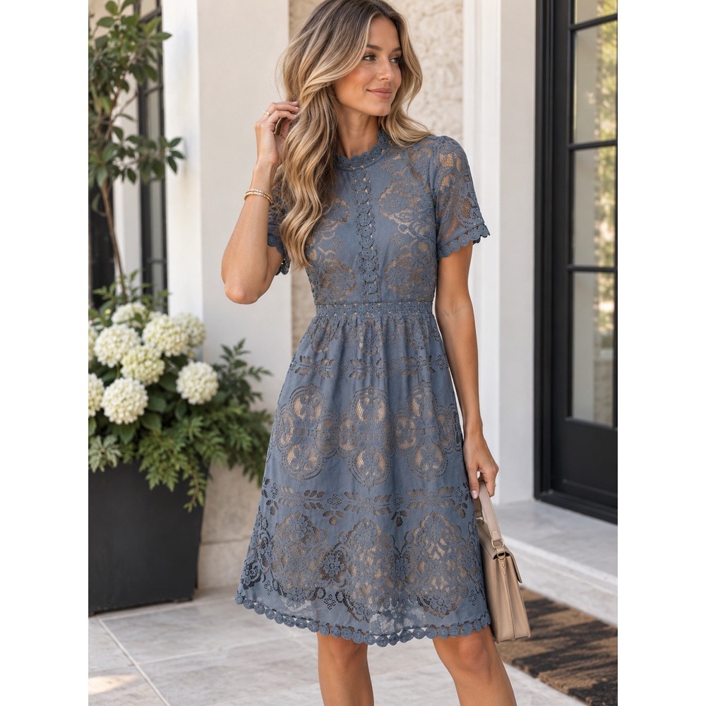 Bohme Women Blue Lace Mock Neck Midi Dress Short Sleeve Floral Embroidery Small